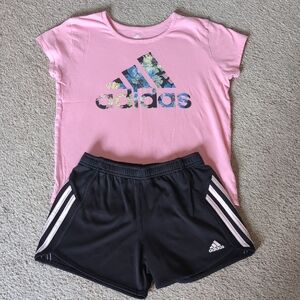 ⭐2/$20 Adidas Pink Graphic Logo Tee with Black Athletic Shorts